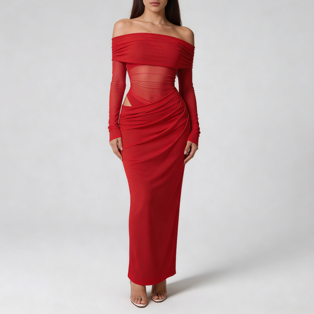 Rizile | Robe maxi à épaules dénudées et manches longues