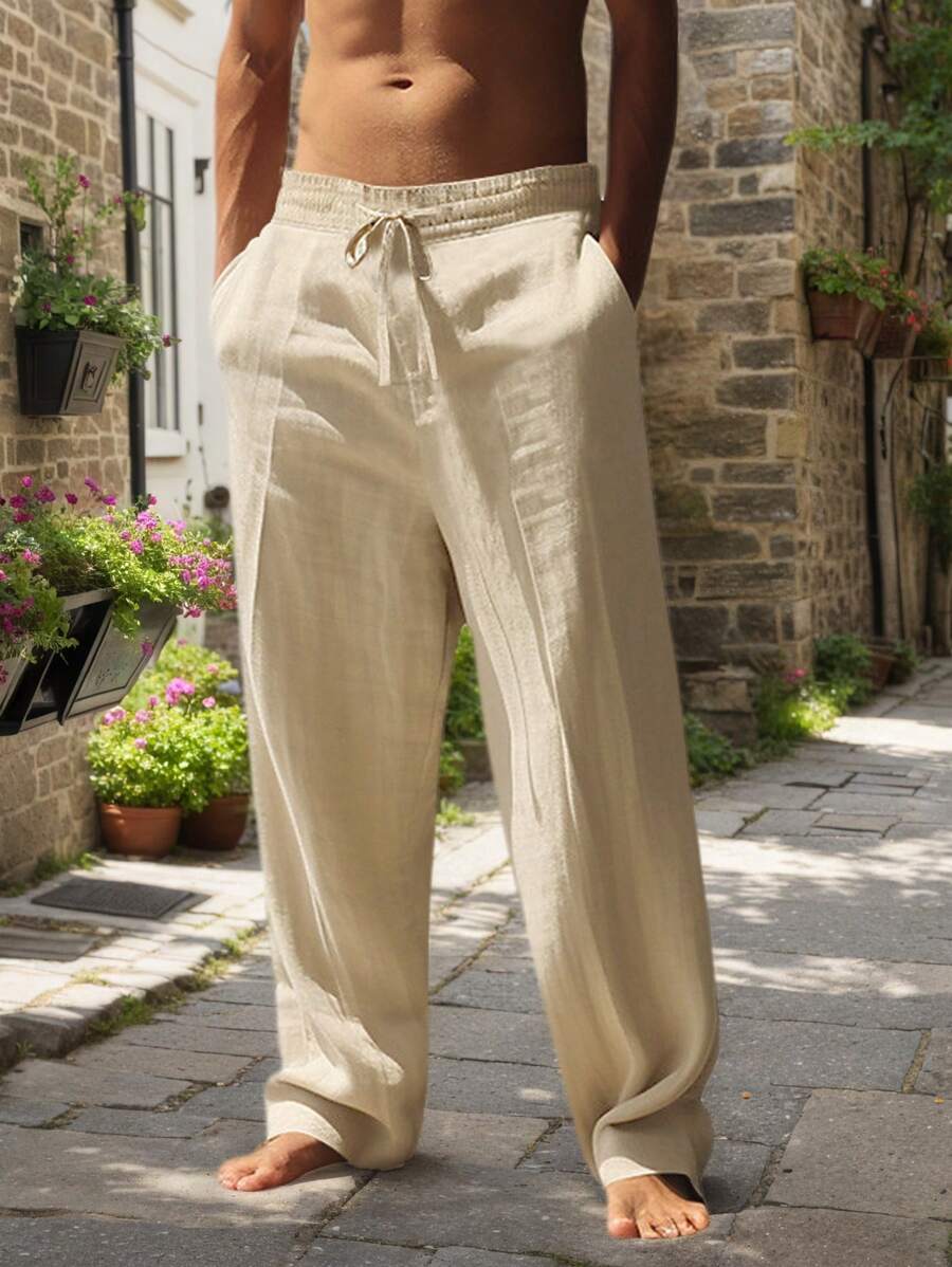 Adrián | Pantalón de lino de hombre con cordón - Caqui