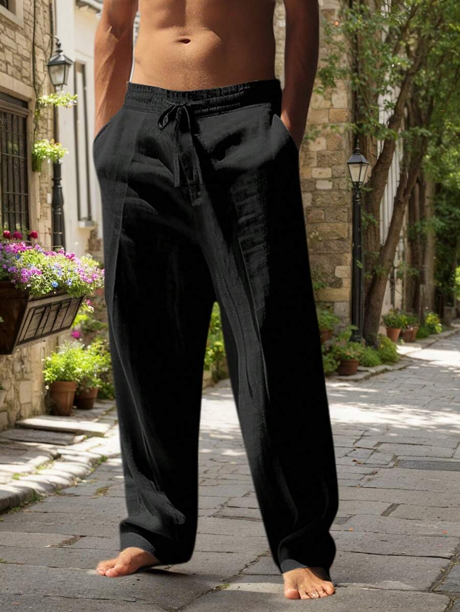 Adrián | Pantalón de lino de hombre con cordón - Negro