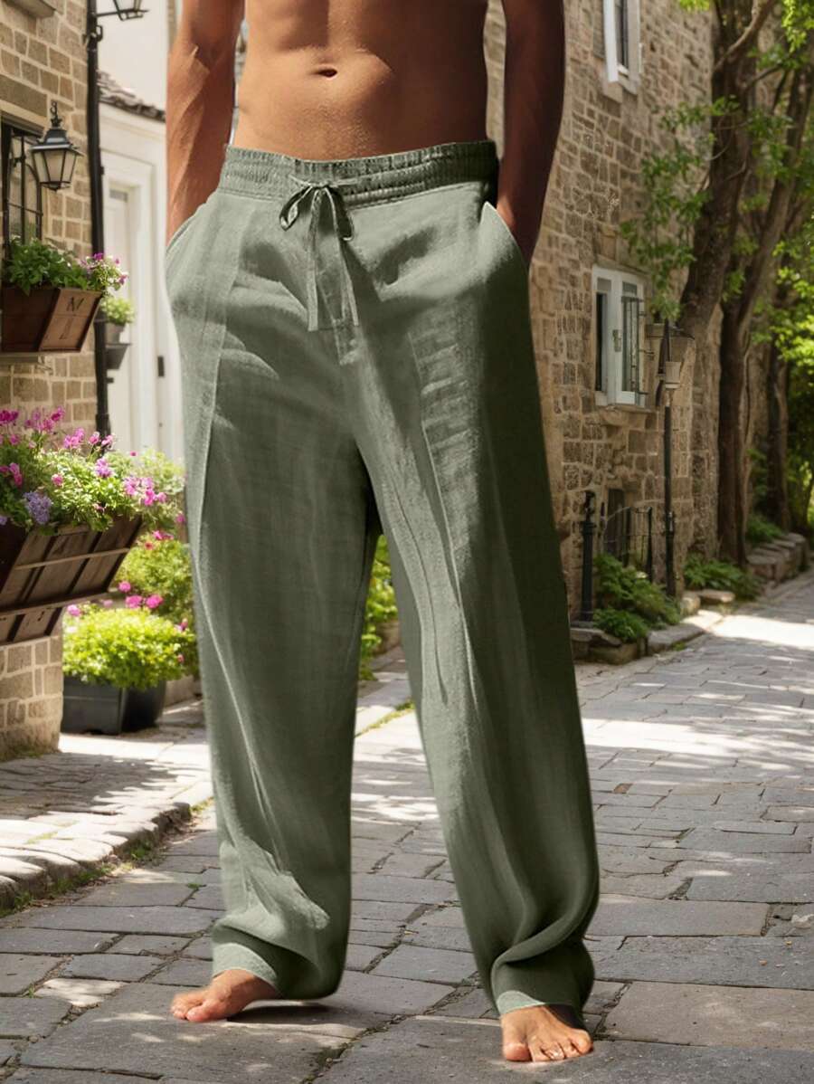 Adrián | Pantalón de lino de hombre con cordón - Verde militar