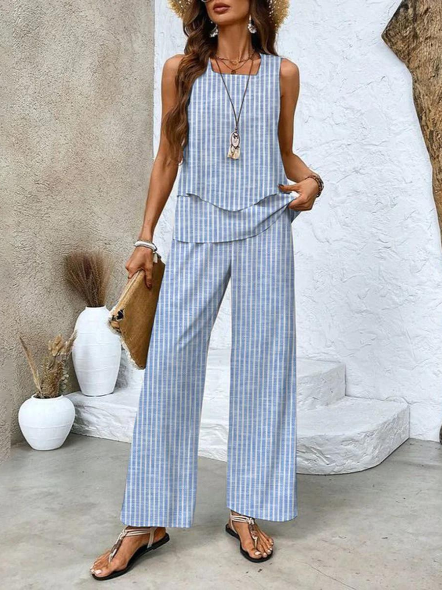 Alejandra | Conjunto de dos piezas de mujer para verano - Conjunto de rayas celestes