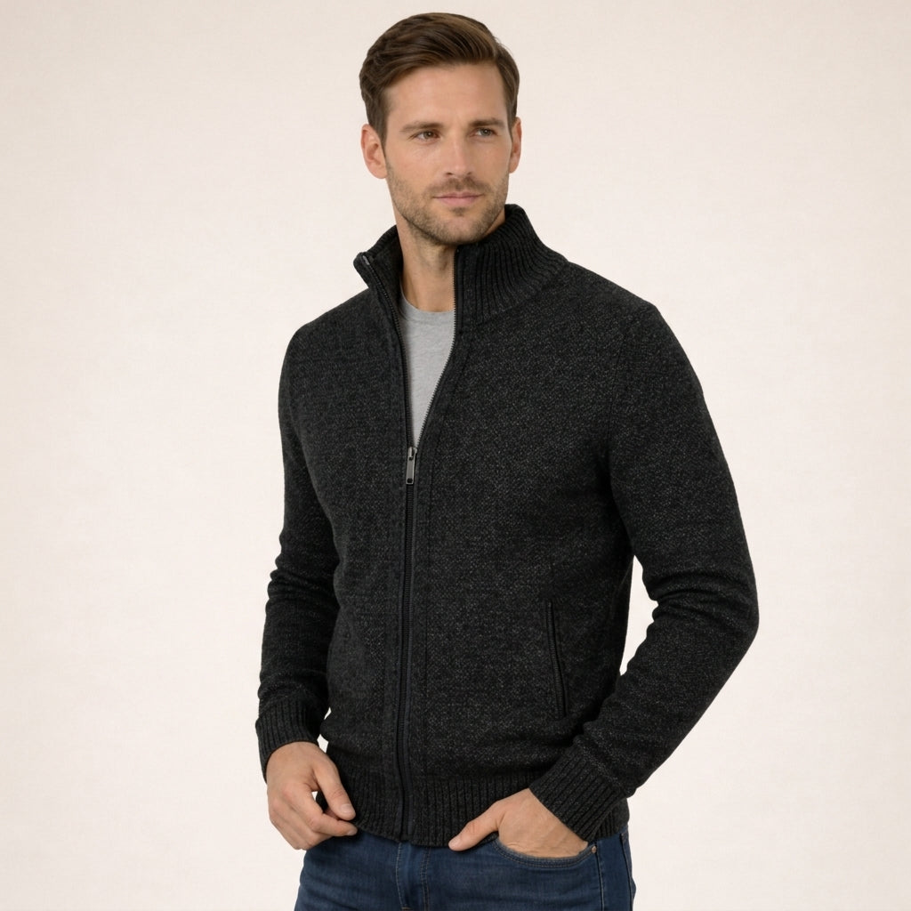 Amador | Jersey de lana merino con cremallera para hombre - Negro