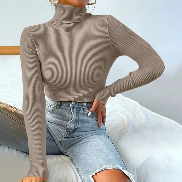 Amaia | Jersey de cuello alto de mujer de canalé - Caqui