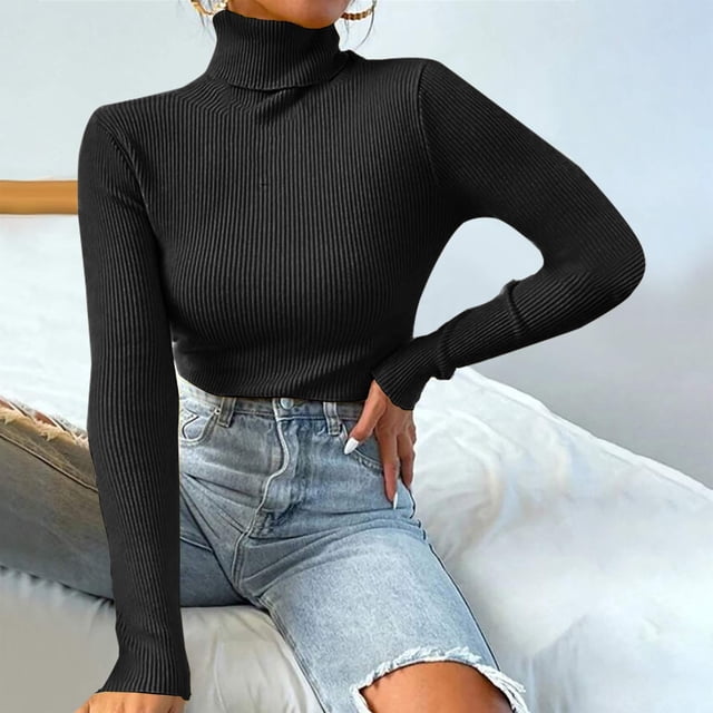 Amaia | Jersey de cuello alto de mujer de canalé - Negro