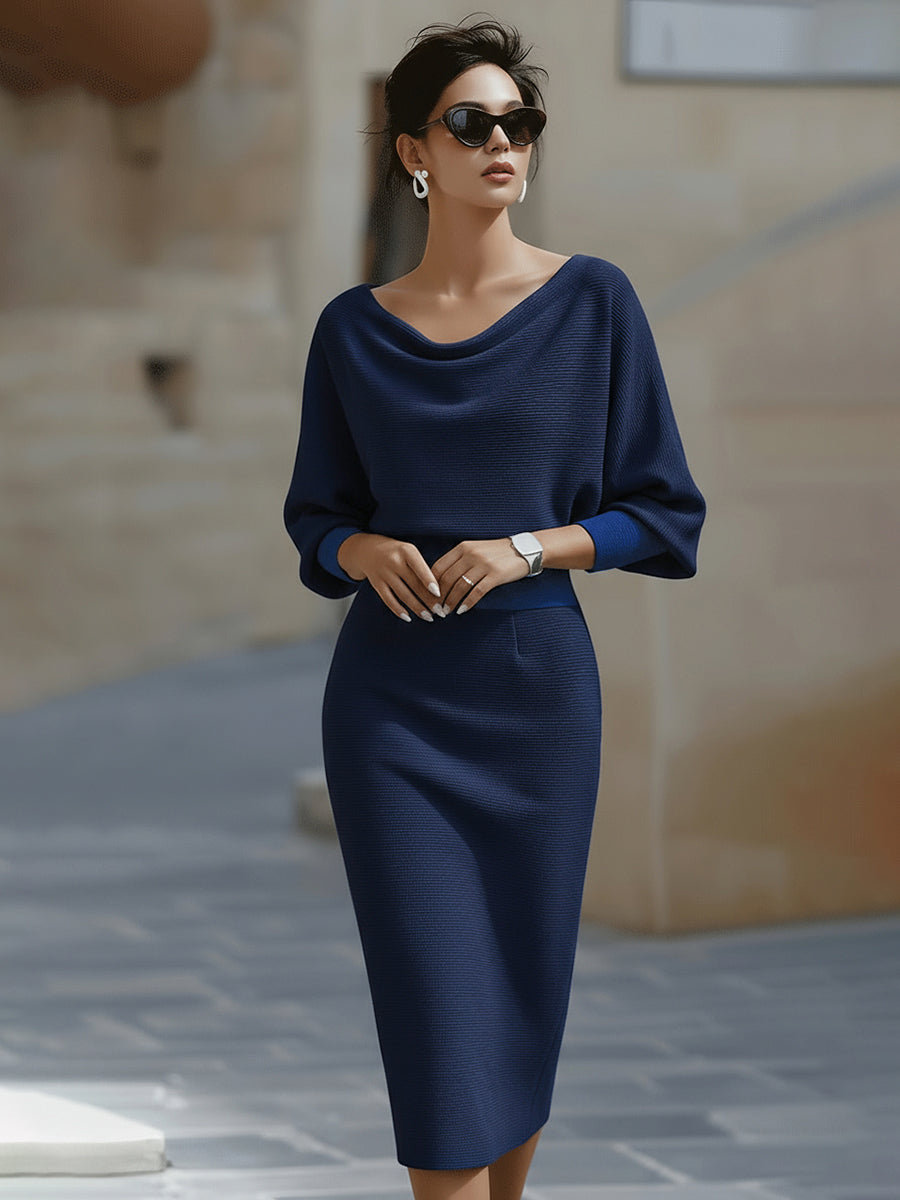 Amelia | Vestido de punto midi de mujer - Azul marino