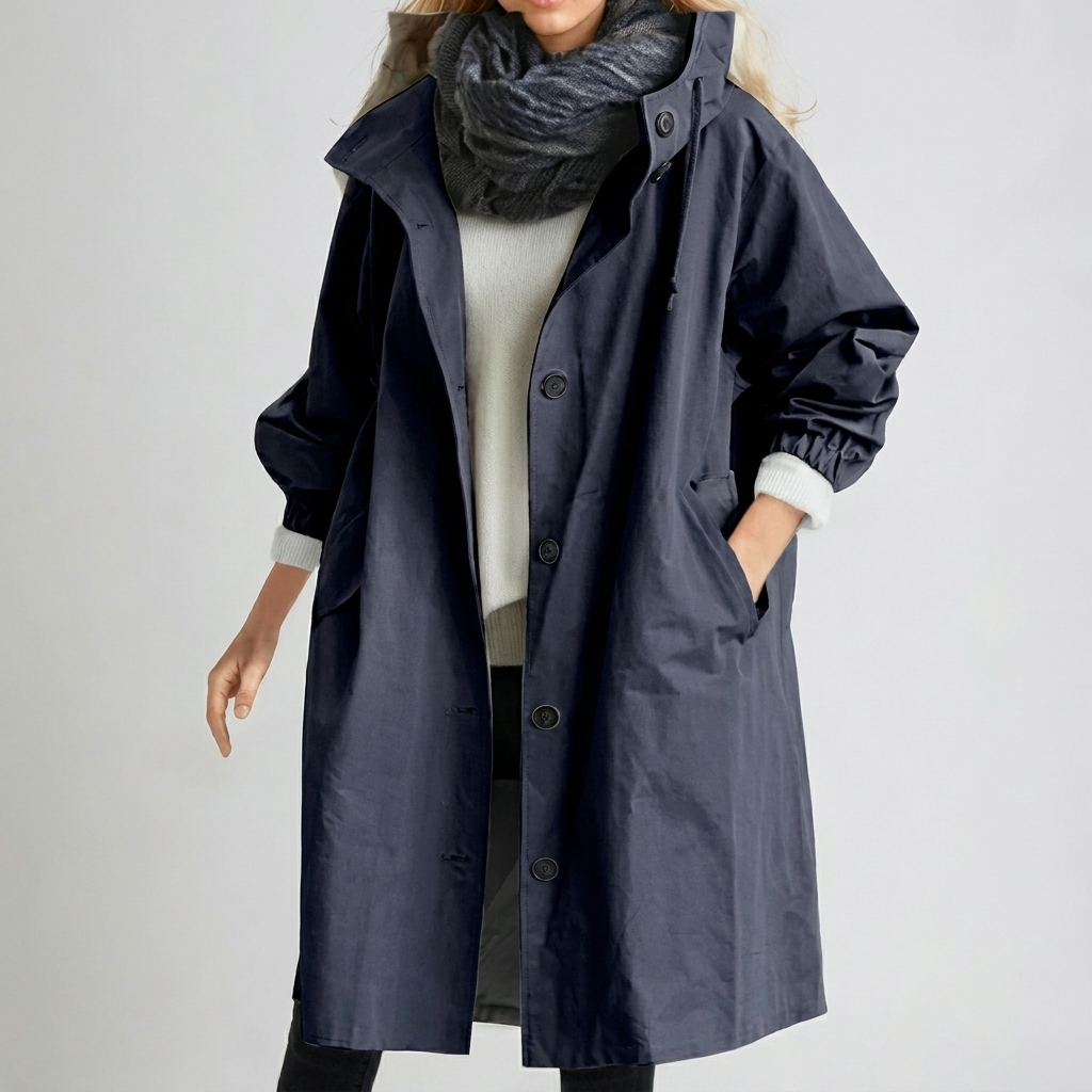 Ariadna | Chaqueta larga de mujer con capucha - Azul oscuro