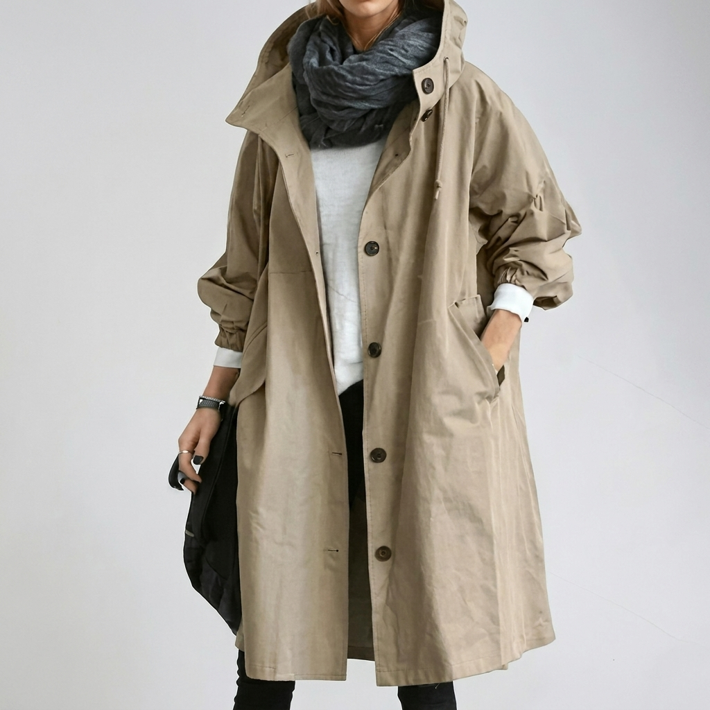 Ariadna | Chaqueta larga de mujer con capucha - Caqui