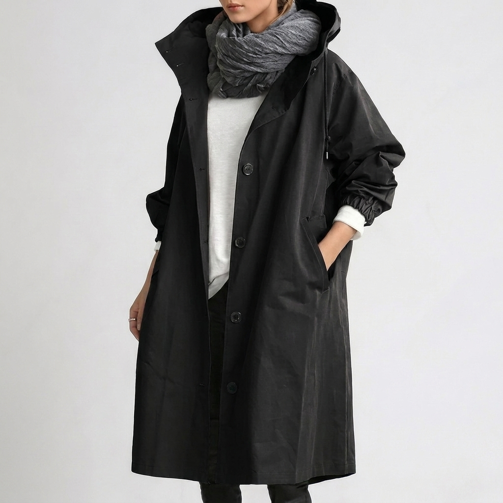 Ariadna | Chaqueta larga de mujer con capucha - Negro