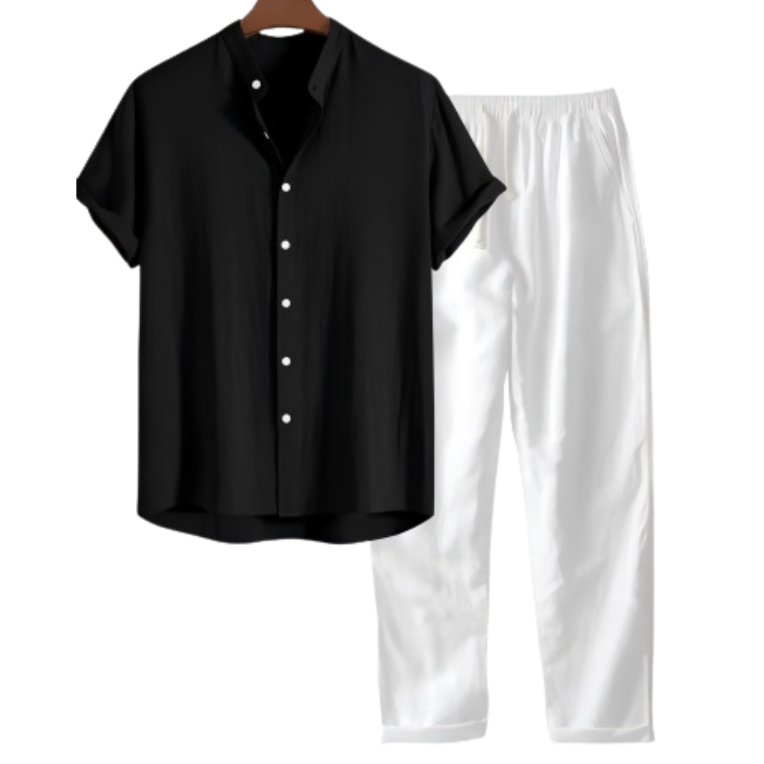 Aurelio | Conjunto de lino de hombre, camisa y pantalón - Negro