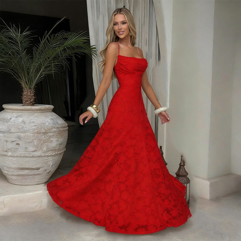 Beatriz | Vestido largo de encaje con tirantes - Rojo