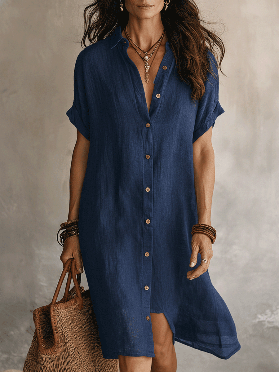 Candela | Vestido camisero de lino midi - Azul