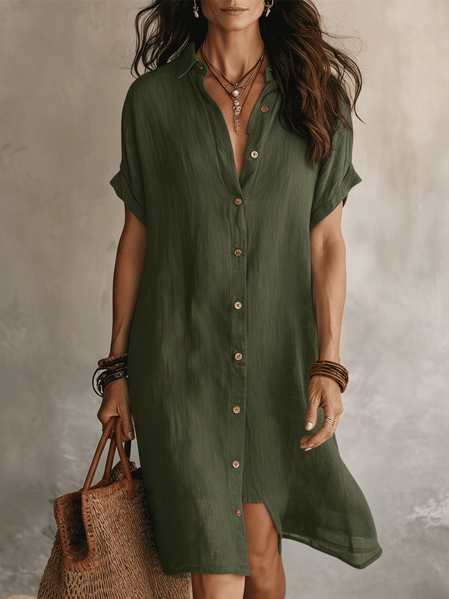 Candela | Vestido camisero de lino midi - Verde