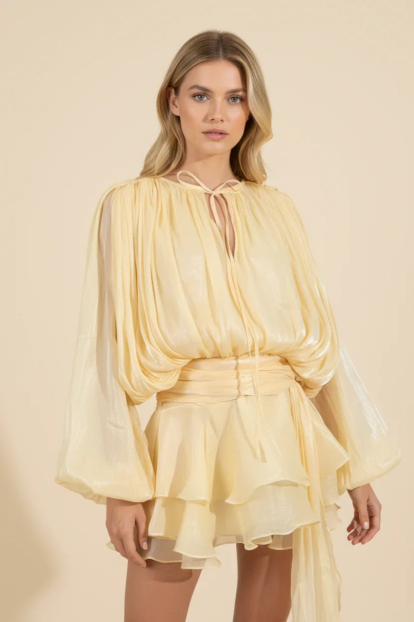 Carla | Vestido corto de mujer con mangas abullonadas - Amarillo