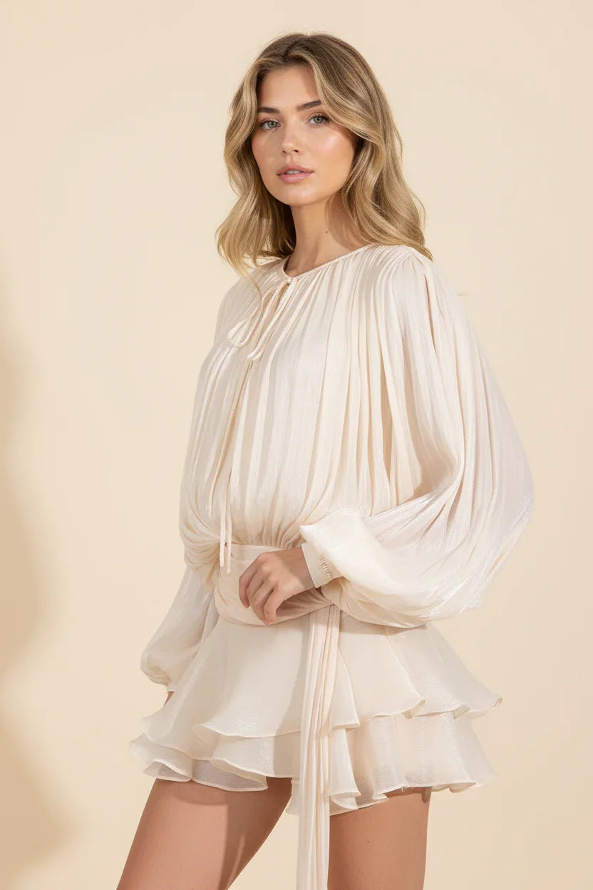 Carla | Vestido corto de mujer con mangas abullonadas - Champán
