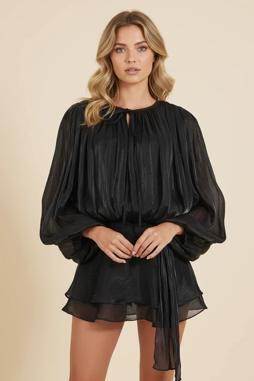 Carla | Vestido corto de mujer con mangas abullonadas - Negro