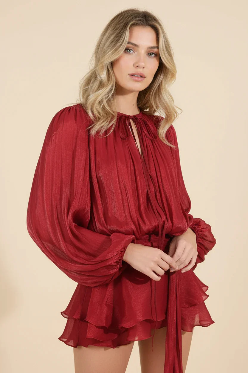 Carla | Vestido corto de mujer con mangas abullonadas - Rojo