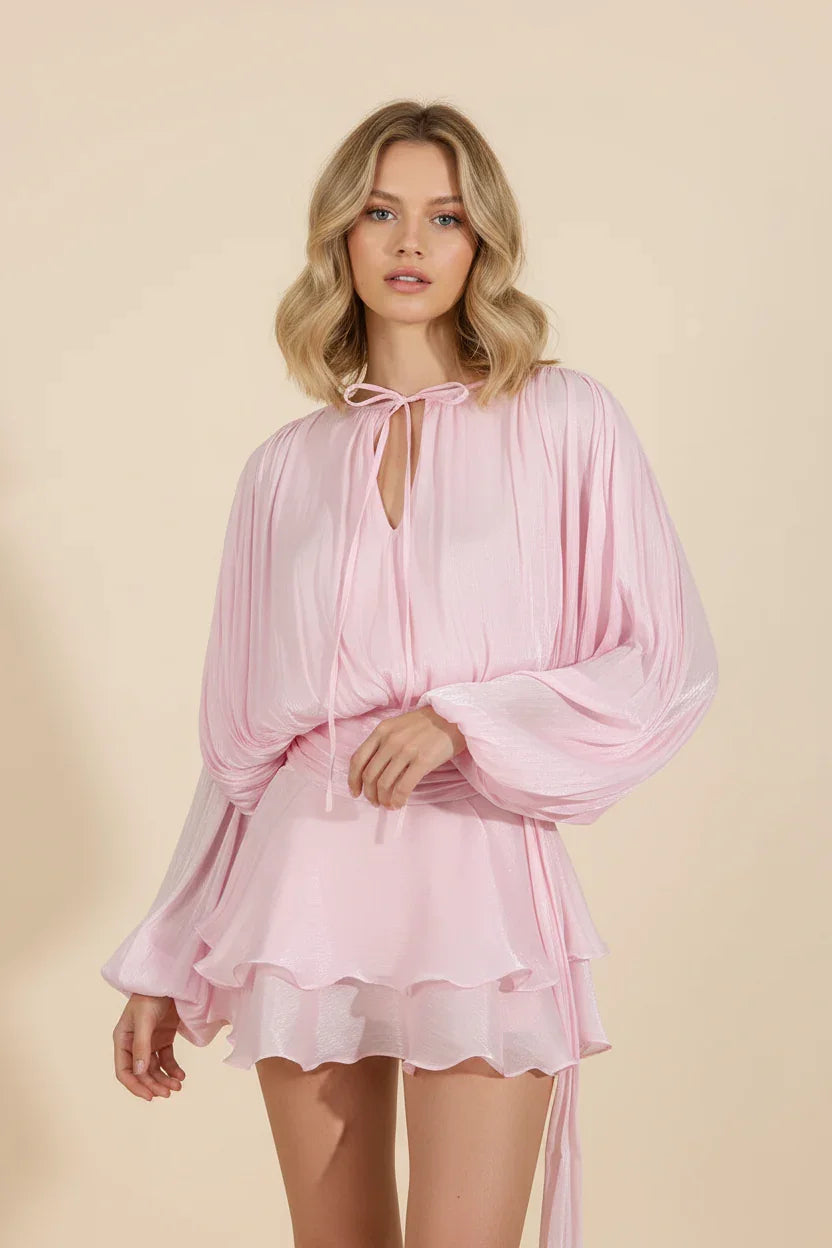 Carla | Vestido corto de mujer con mangas abullonadas - Rosa bebé