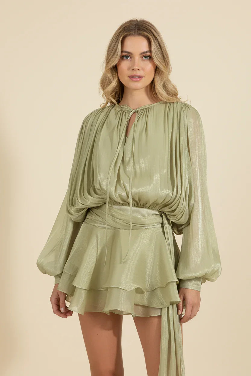 Carla | Vestido corto de mujer con mangas abullonadas - Verde