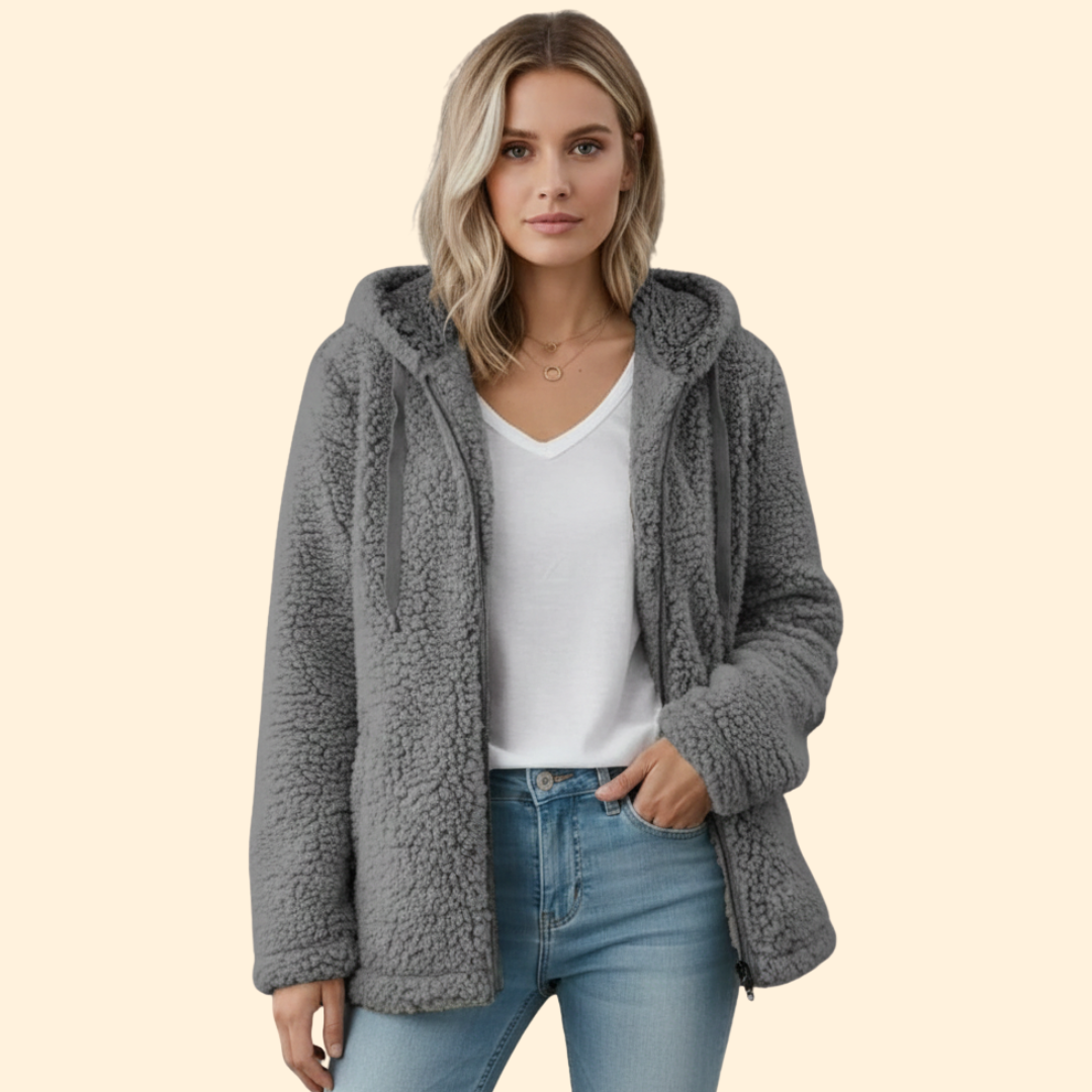 Catalina | Chaqueta de borreguito con capucha para mujer - Gris oscuro