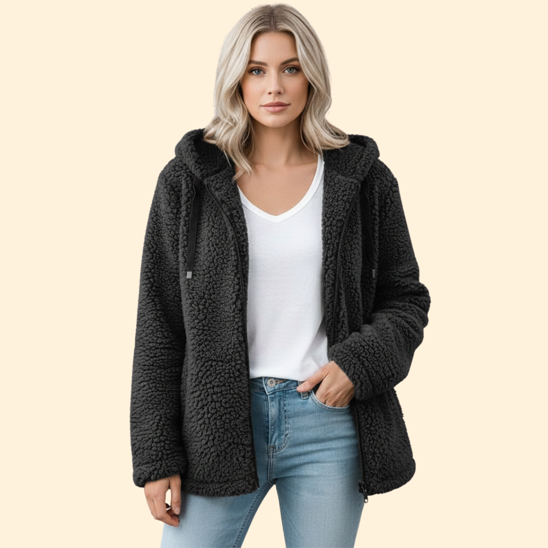Catalina | Chaqueta de borreguito con capucha para mujer - Negro
