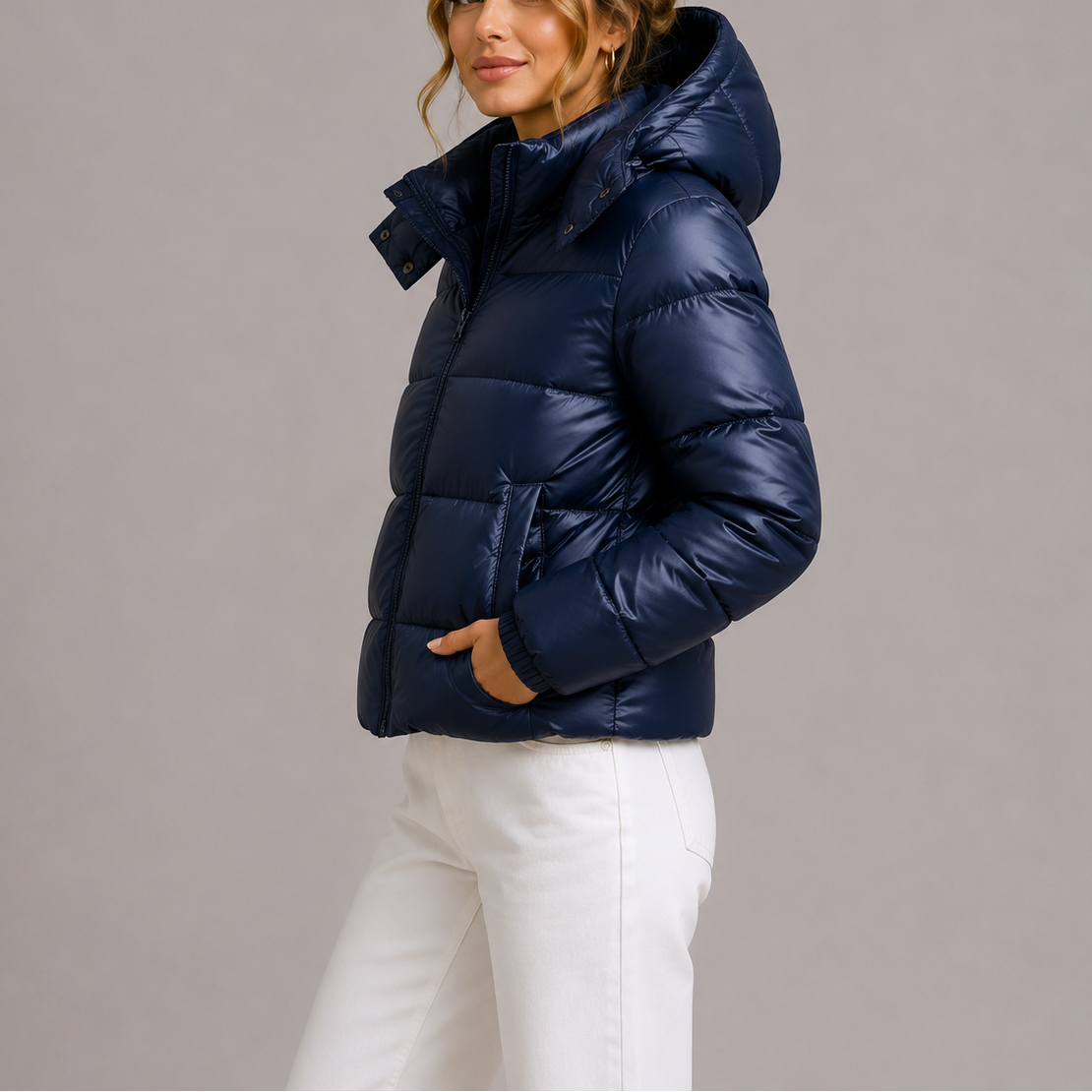 Claudia | Plumífero de mujer con capucha acolchado - Azul marino