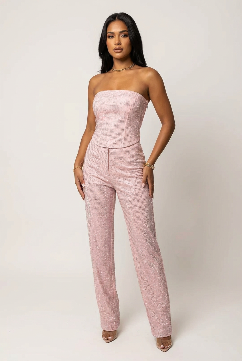 Consuelo | Conjunto de dos piezas de lentejuelas para fiesta - Rosa