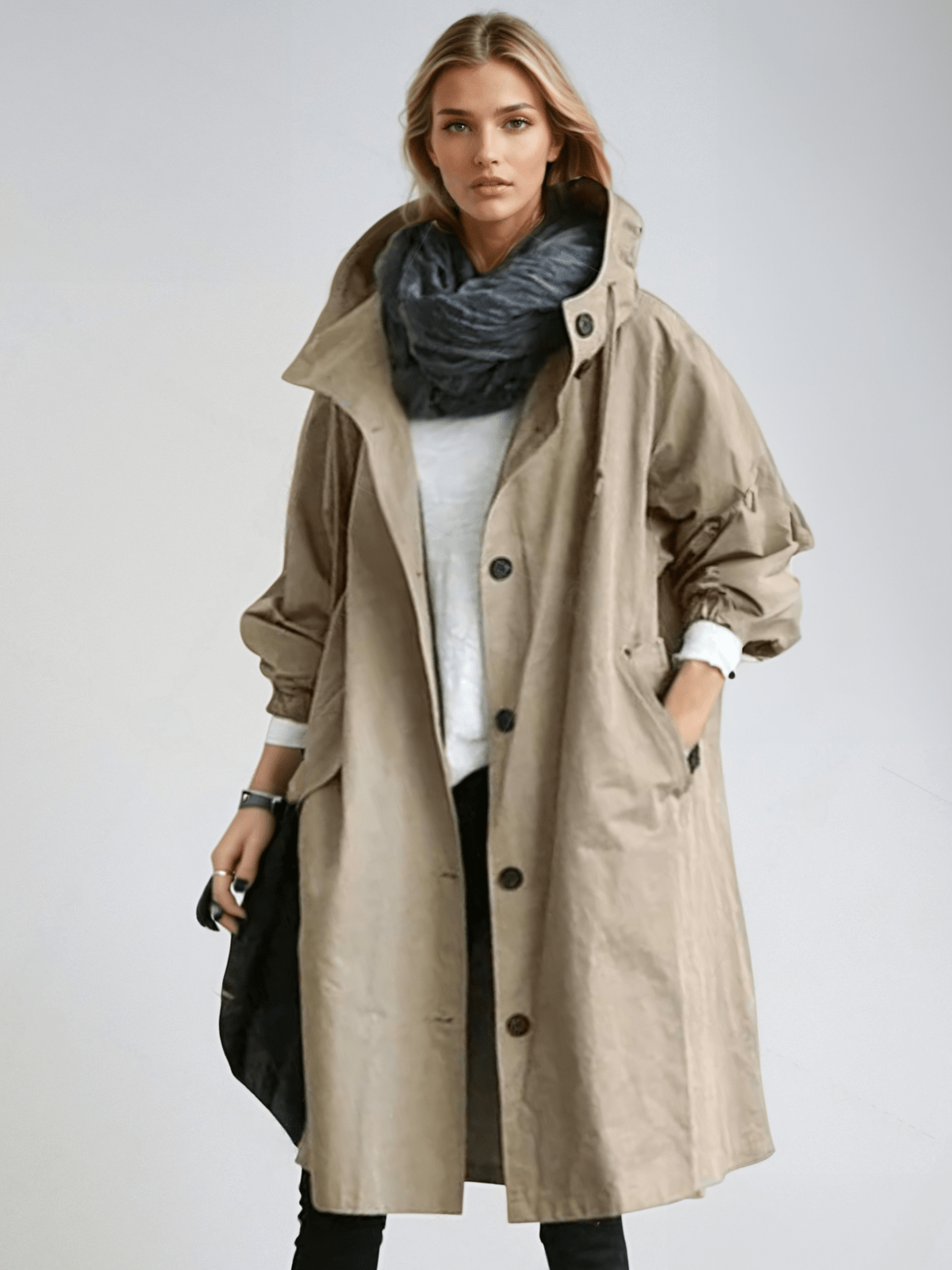 Dolores | Gabardina de mujer con capucha, oversize - Marrón