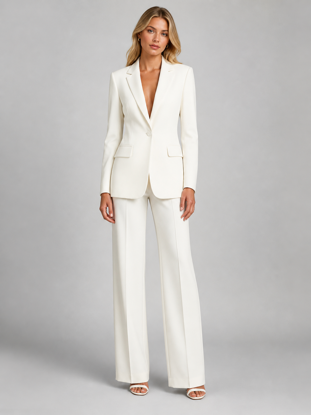 Edurne | Traje de chaqueta de mujer con blazer y pantalón ancho - Blanco