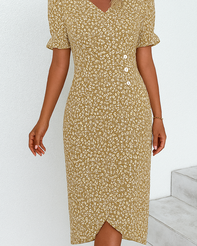 Esther | Vestido midi de flores de mujer - Caqui