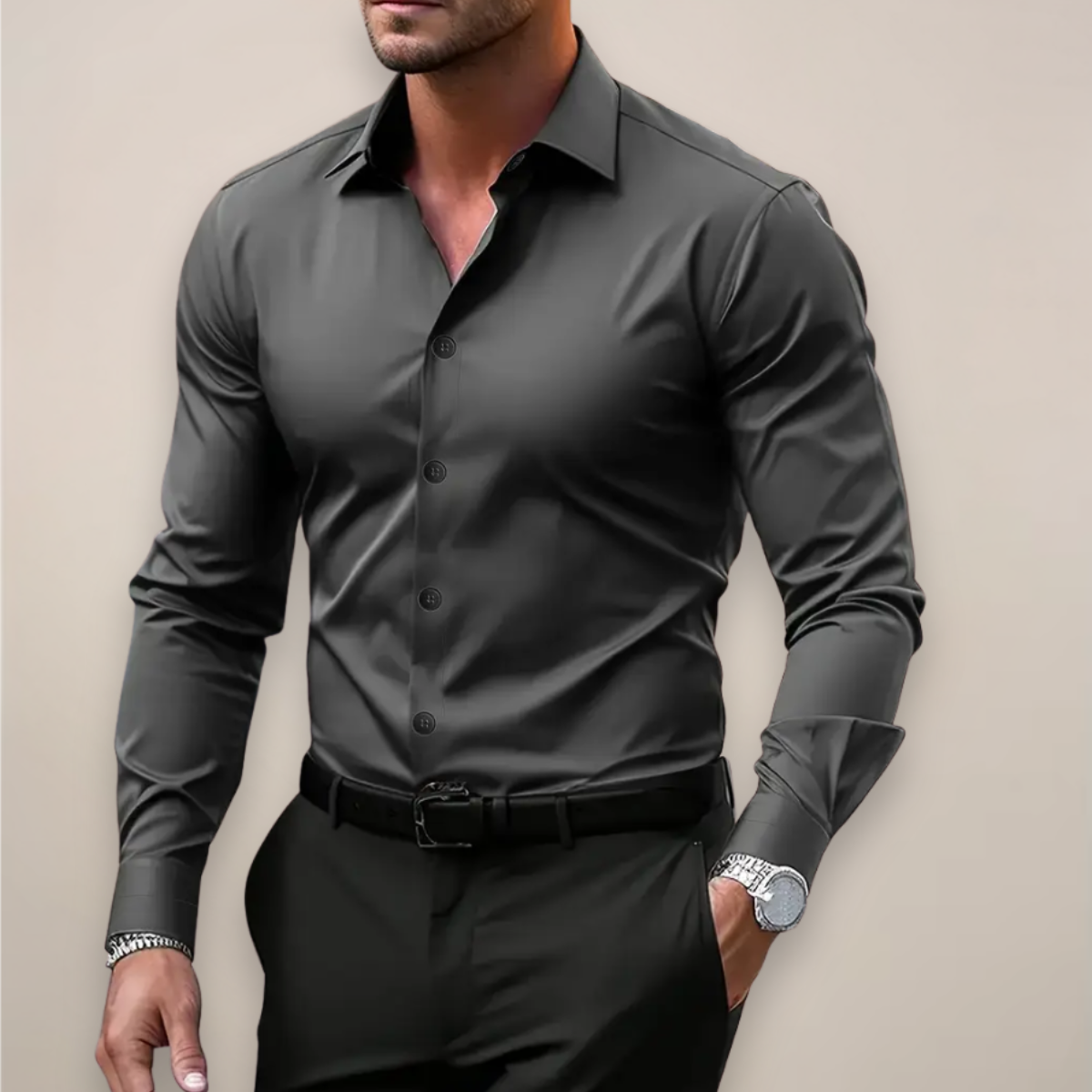 Fabián | Camisa de hombre de manga larga - Gris oscuro