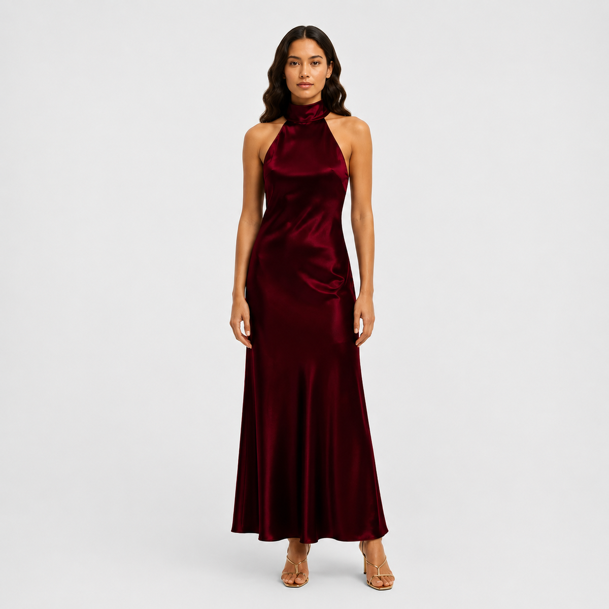 Inés | Vestido largo de fiesta con cuello halter - Rojo oscuro