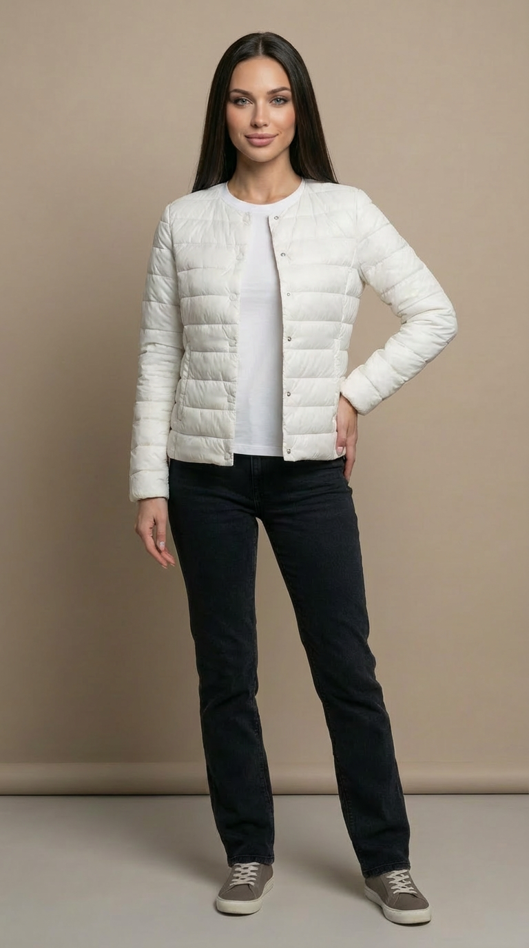 Laura | Chaqueta acolchada ligera de mujer sin cuello - Blanco