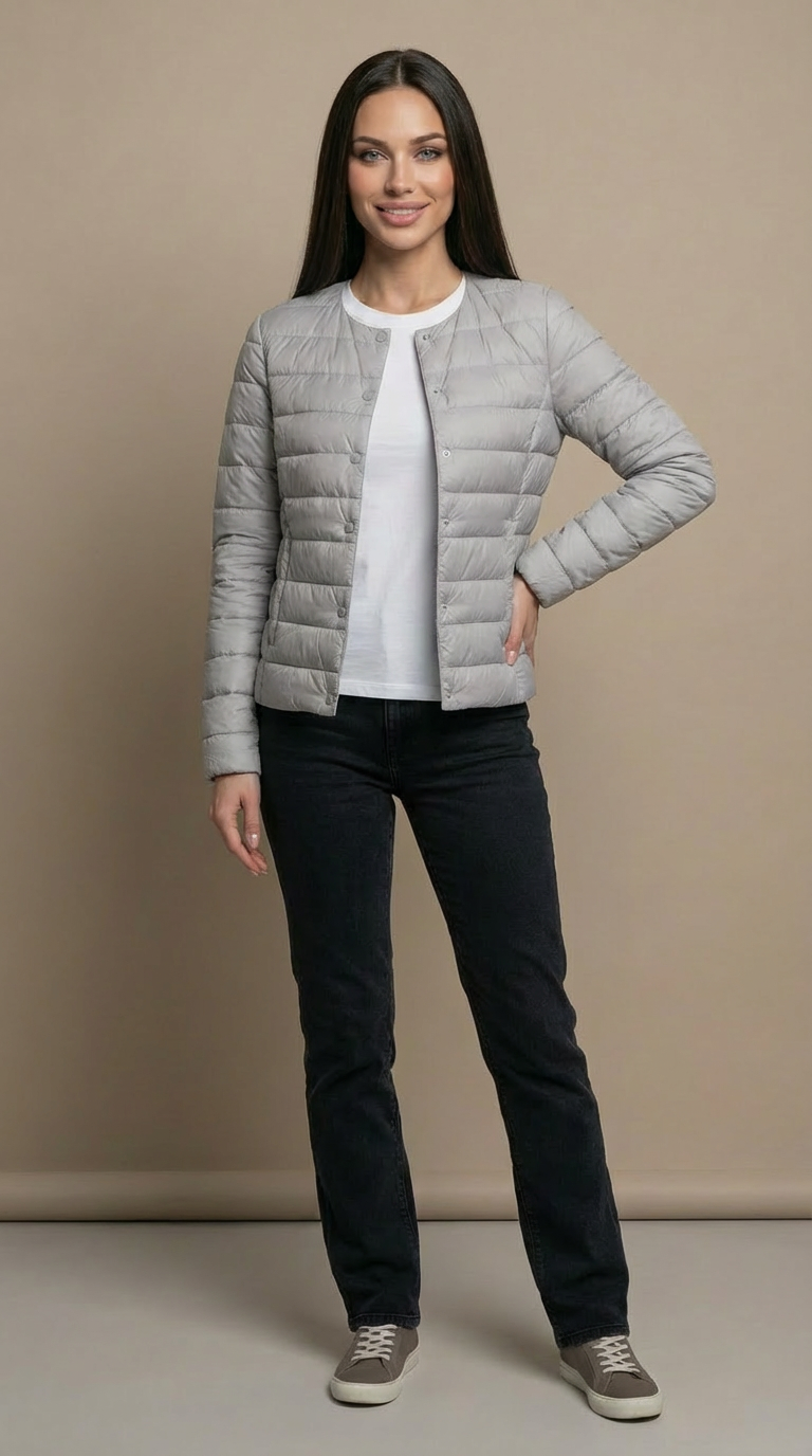 Laura | Chaqueta acolchada ligera de mujer sin cuello - Gris