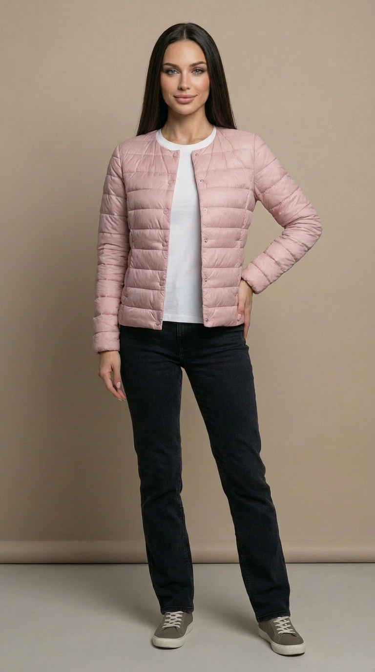 Laura | Chaqueta acolchada ligera de mujer sin cuello - Rosa
