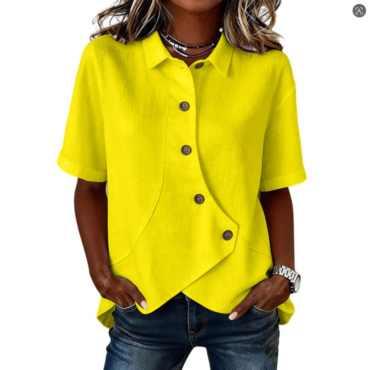 Leire | Camisa asimétrica de mujer con botones y manga corta - Amarillo