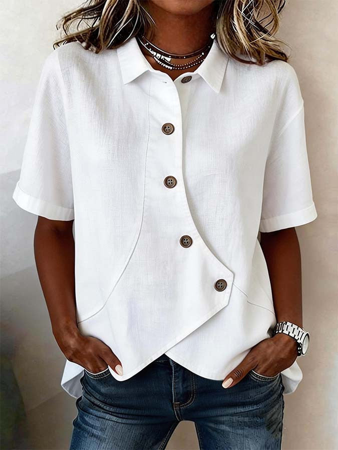 Leire | Camisa asimétrica de mujer con botones y manga corta - Blanco