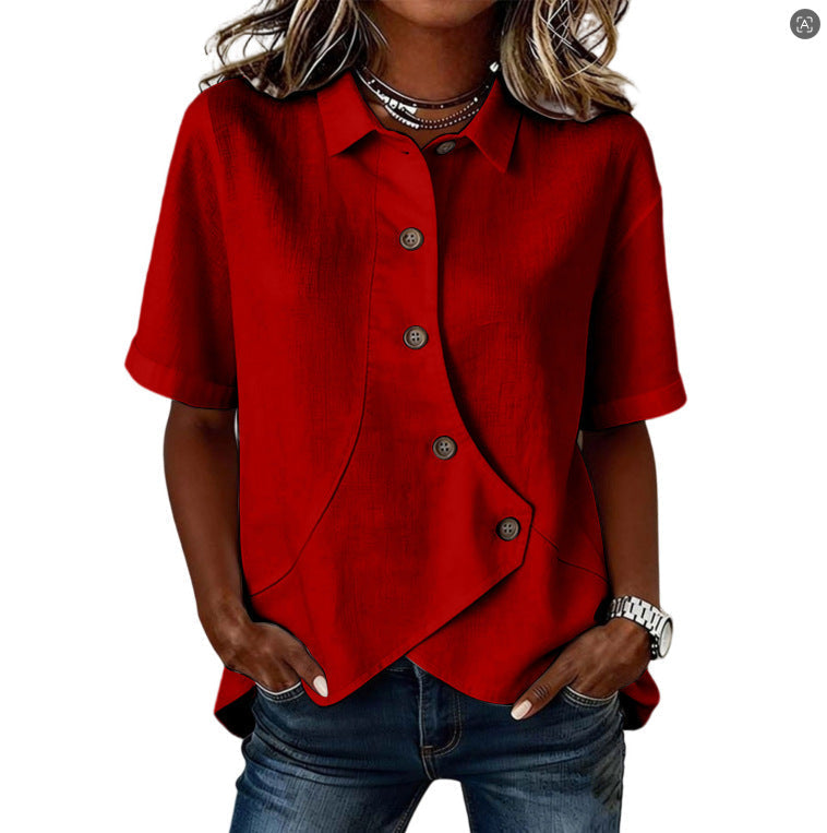 Leire | Camisa asimétrica de mujer con botones y manga corta - Rojo