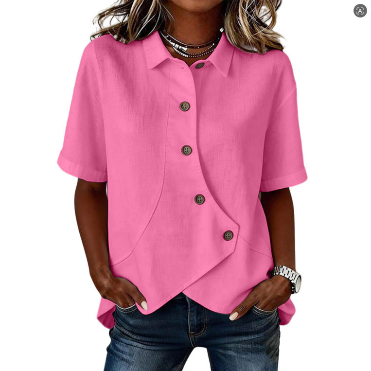 Leire | Camisa asimétrica de mujer con botones y manga corta - Rosa