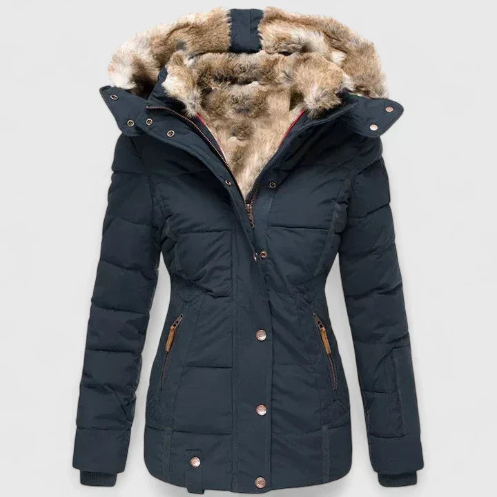 Luisa | Chaqueta acolchada de mujer con capucha y pelo sintético - Azul