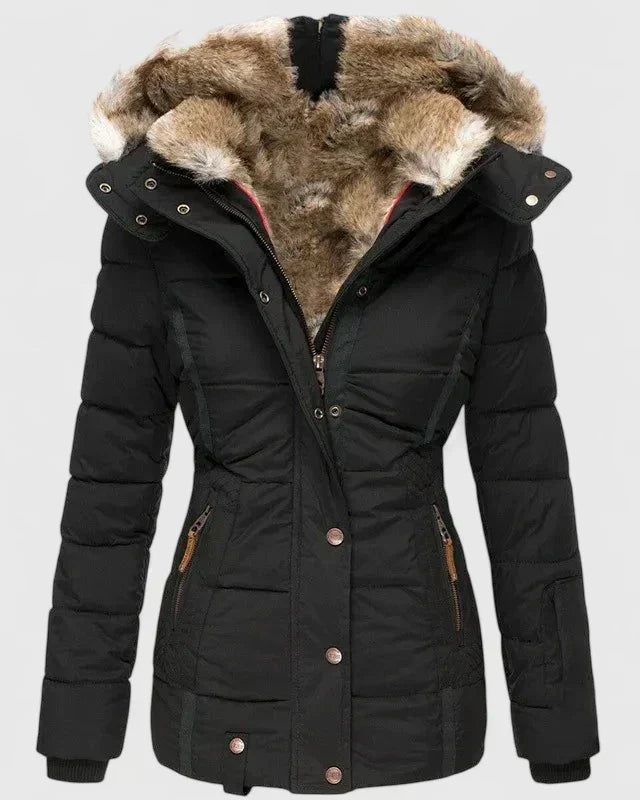 Luisa | Chaqueta acolchada de mujer con capucha y pelo sintético - Negro