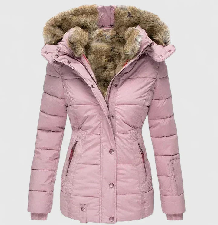 Luisa | Chaqueta acolchada de mujer con capucha y pelo sintético - Rosa