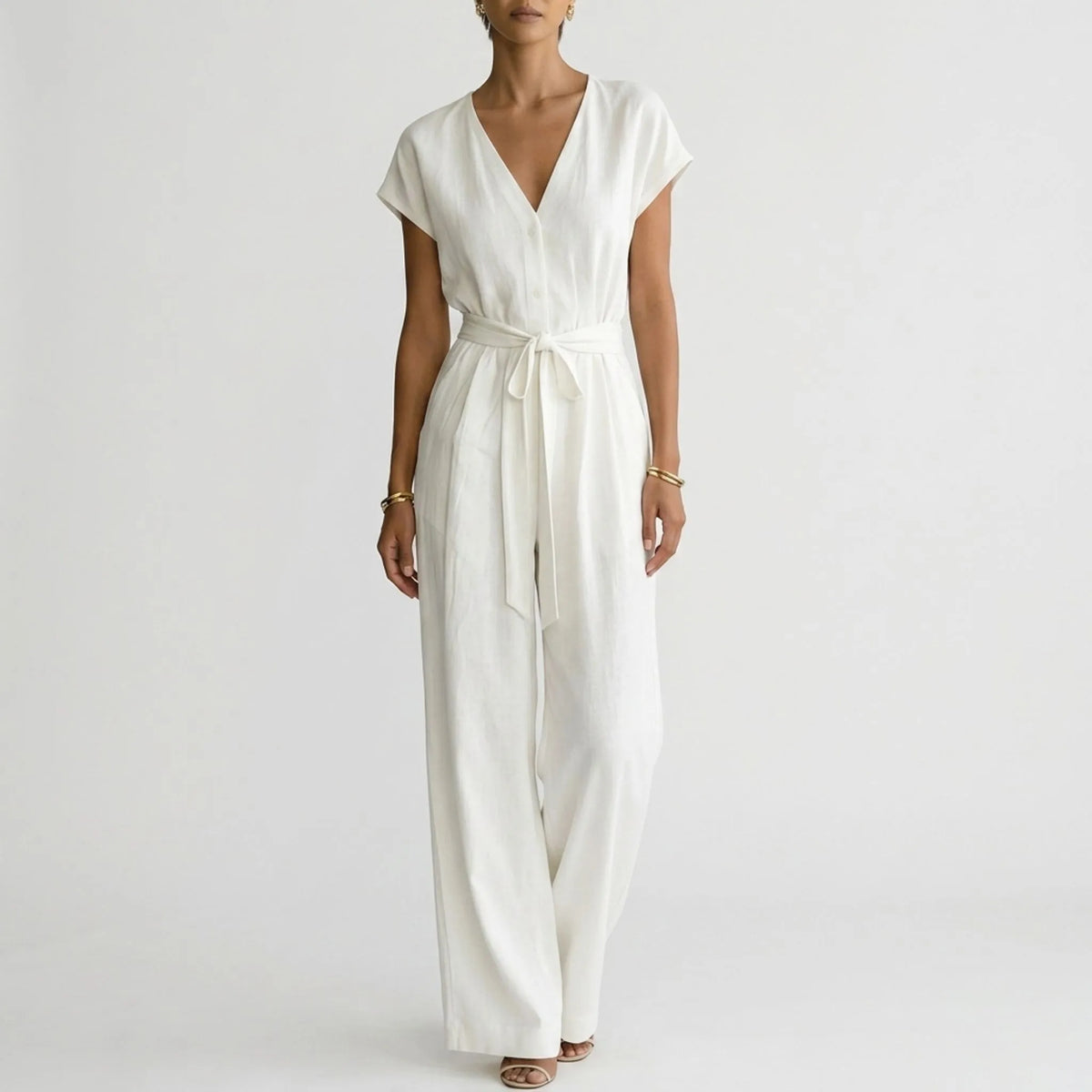 Magdalena | Mono de mujer con escote V y pierna ancha - Blanco