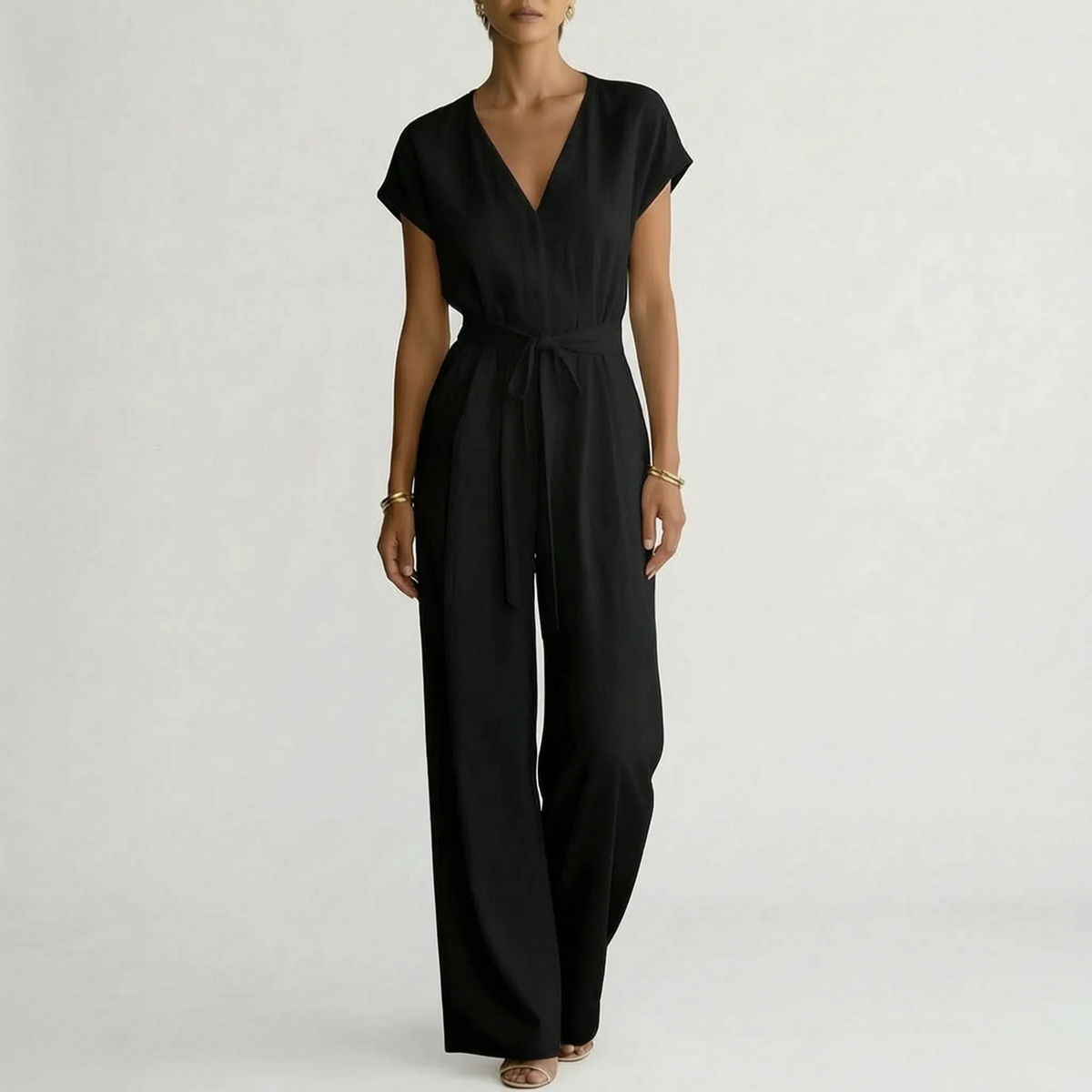 Magdalena | Mono de mujer con escote V y pierna ancha - Negro