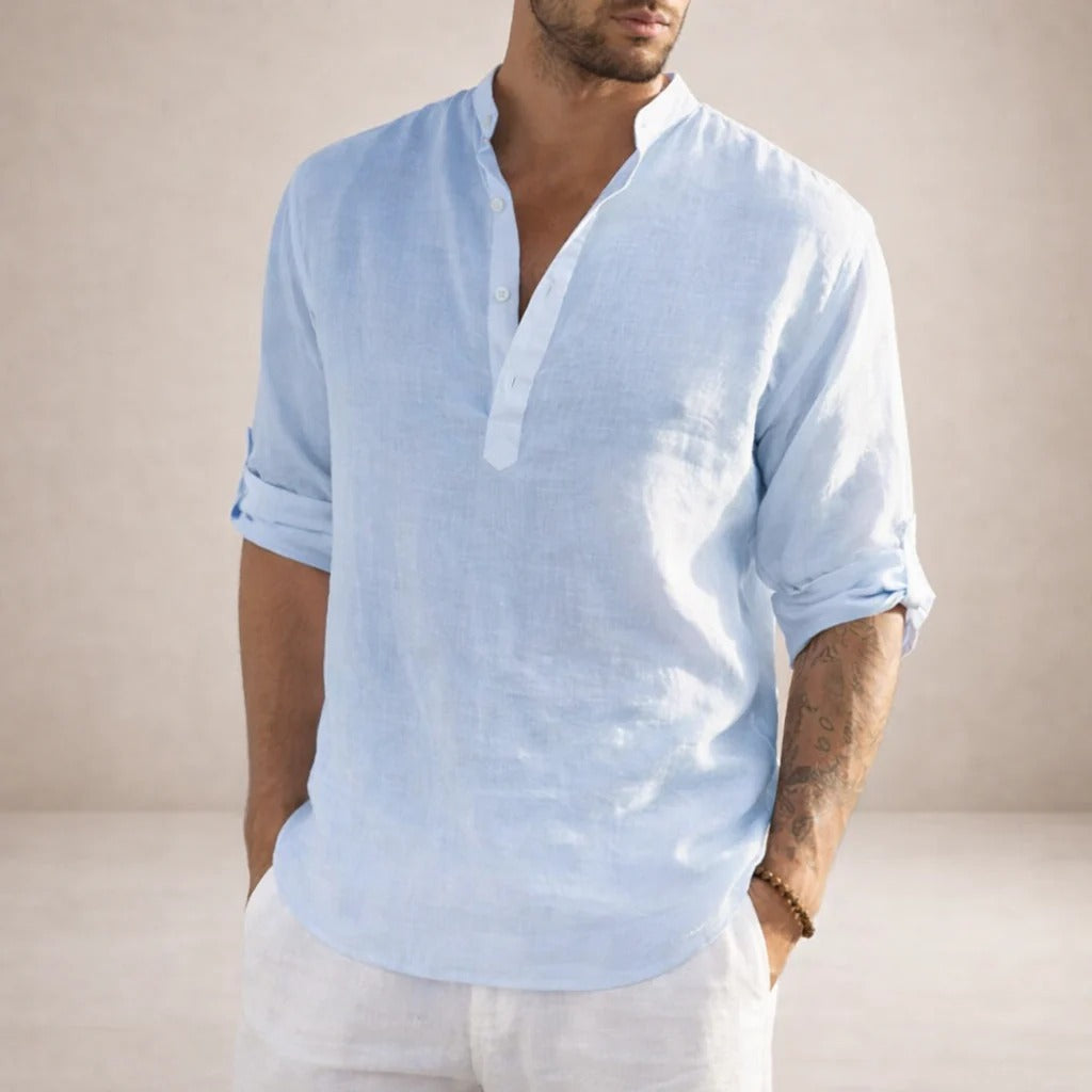 Martín | Camisa de lino de hombre con cuello mao - Azul claro
