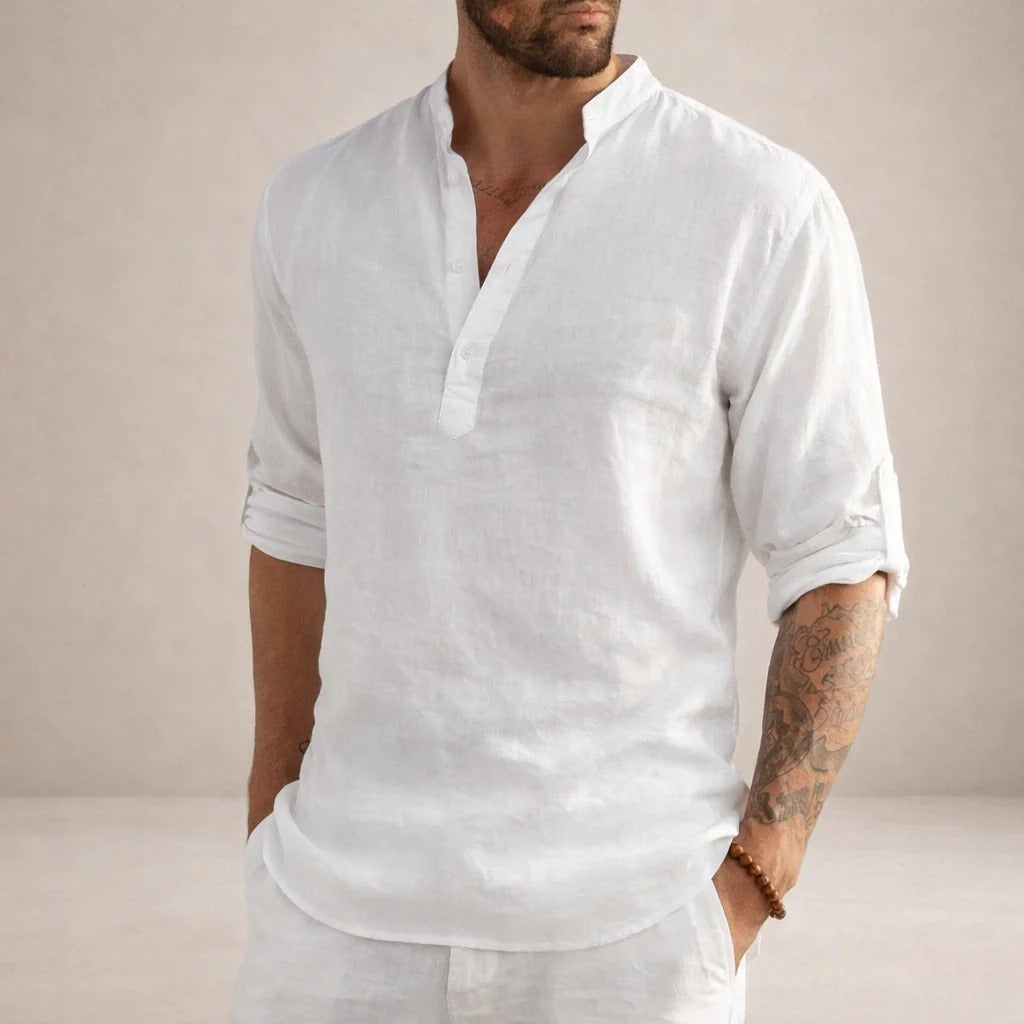 Martín | Camisa de lino de hombre con cuello mao - Blanco