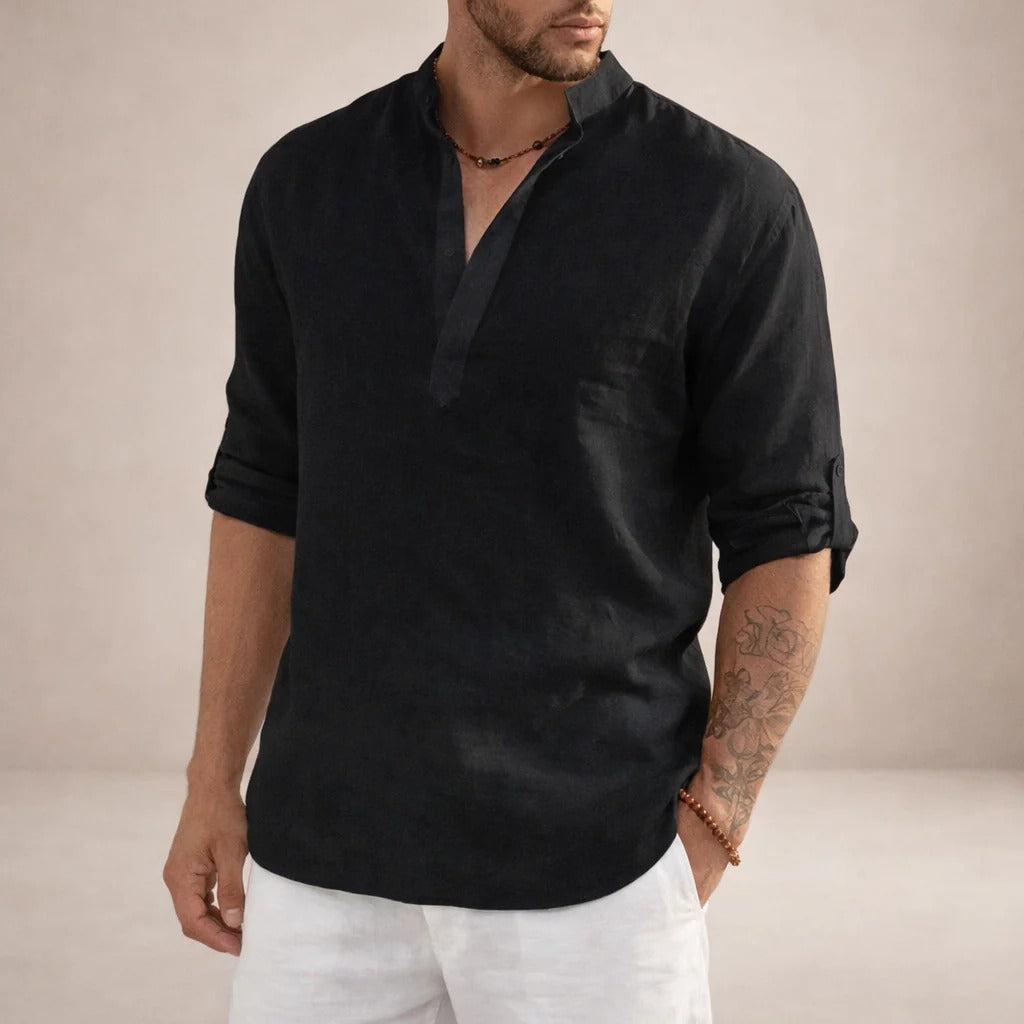 Martín | Camisa de lino de hombre con cuello mao - Negro