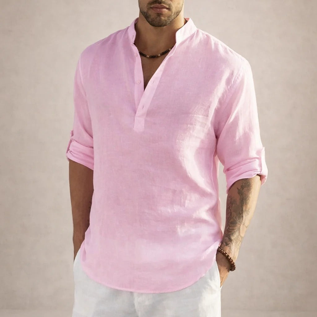 Martín | Camisa de lino de hombre con cuello mao - Rosa