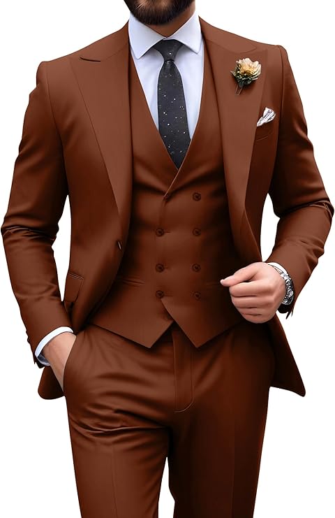 Néstor | Traje de tres piezas de hombre slim fit - Marrón oscuro
