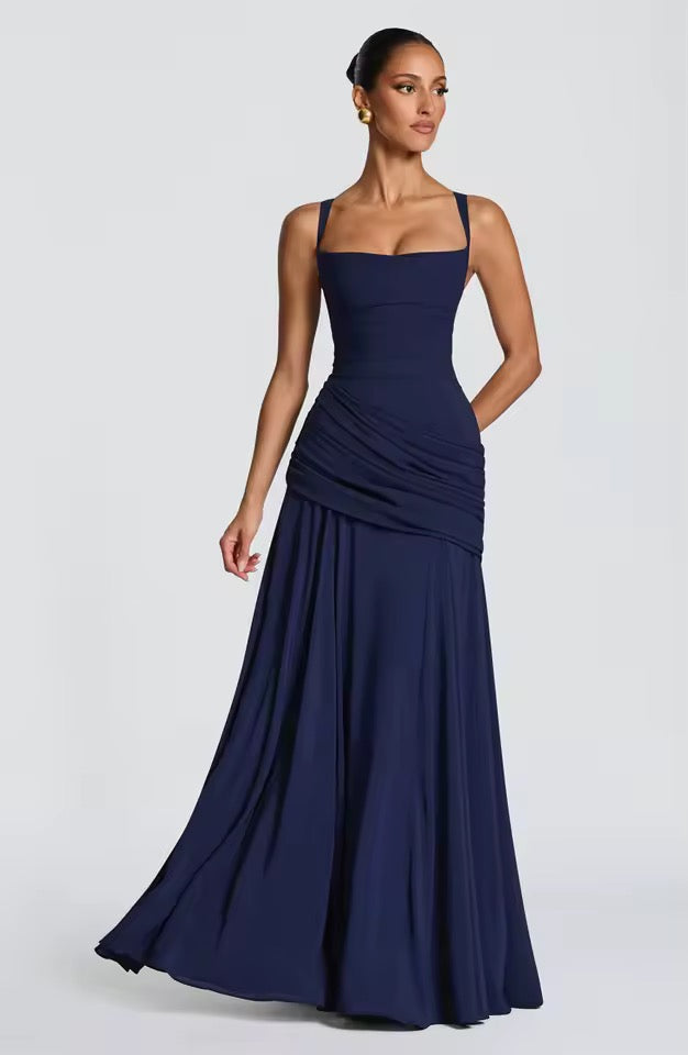 Nuria | Vestido maxi de mujer con escote de corazón - Azul marino
