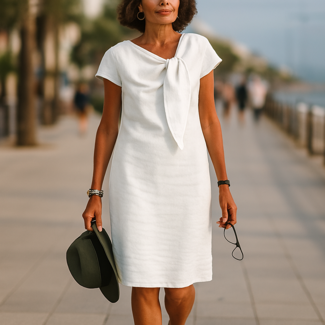 Olga | Vestido recto de mujer con lazo - Blanco